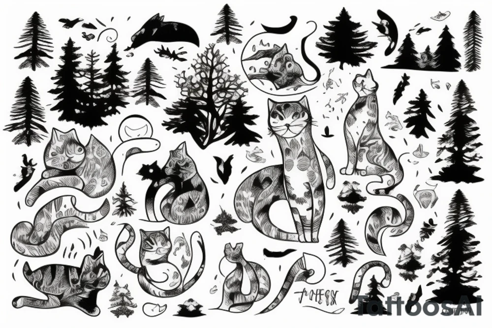 cat sitting in a forest and overlooking the ocean at sunset tattoo idea