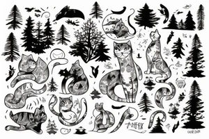cat sitting in a forest and overlooking the ocean at sunset tattoo idea