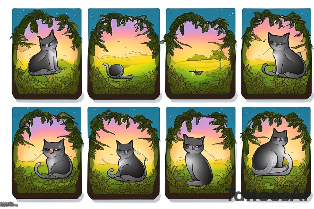 cat sitting in a forest and overlooking the ocean at sunset tattoo idea