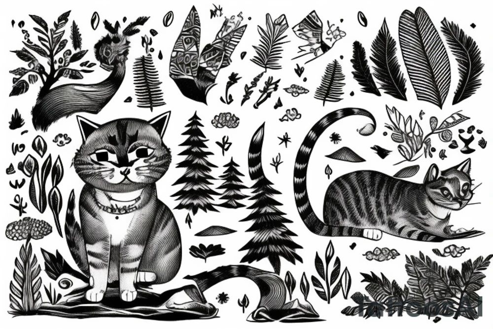 cat sitting in a forest and overlooking the ocean at sunset tattoo idea