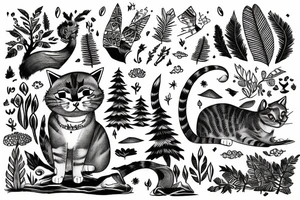 cat sitting in a forest and overlooking the ocean at sunset tattoo idea