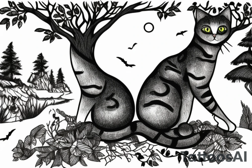 cat sitting in a forest and overlooking the ocean at sunset tattoo idea cat sitting in a forest and overlooking the ocean at sunset tattoo idea