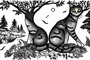 cat sitting in a forest and overlooking the ocean at sunset tattoo idea
