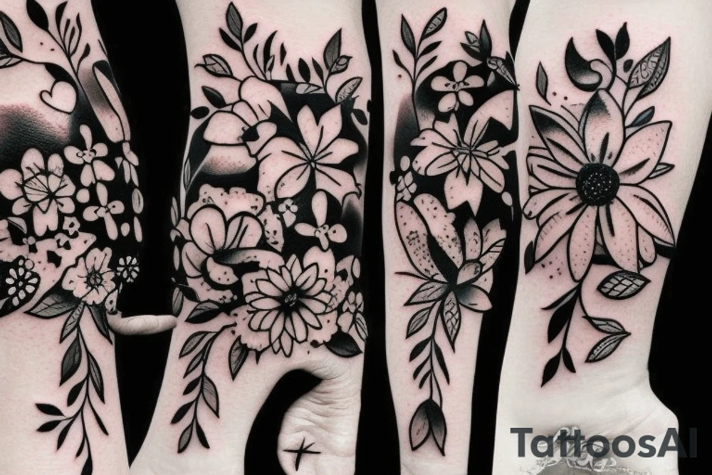 cat silhouette turning into flowers tattoo idea