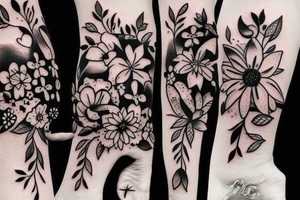 cat silhouette turning into flowers tattoo idea