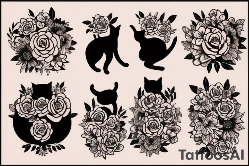 cat silhouette turning into flowers tattoo idea