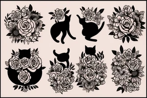 cat silhouette turning into flowers tattoo idea