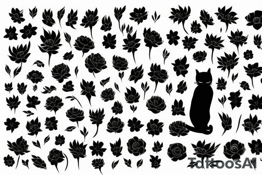 cat silhouette standing up whose lower half turns into flowers tattoo idea