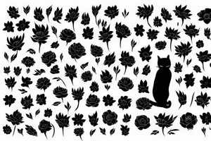 cat silhouette standing up whose lower half turns into flowers tattoo idea