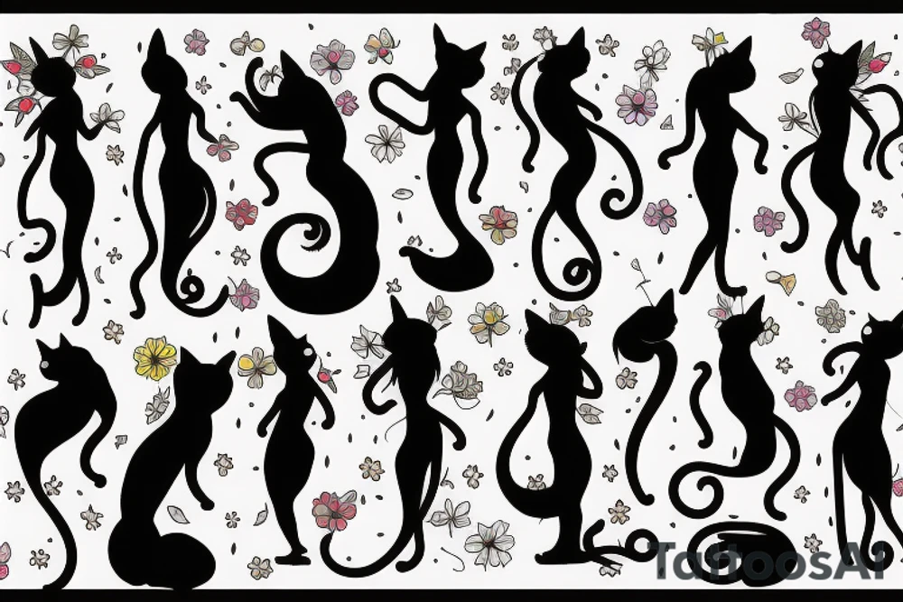cat silhouette standing up whose lower half turns into flowers tattoo idea