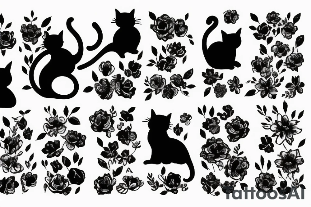 cat silhouette standing up whose lower half turns becomes a bunch of flowers tattoo idea