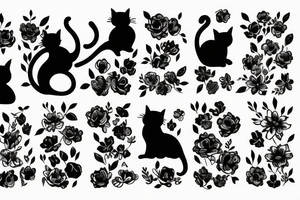cat silhouette standing up whose lower half turns becomes a bunch of flowers tattoo idea