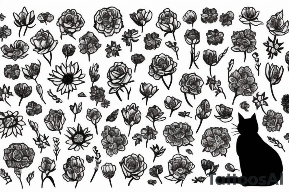 cat silhouette standing up whose lower half turns becomes a bunch of flowers tattoo idea