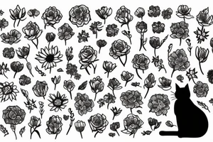 cat silhouette standing up whose lower half turns becomes a bunch of flowers tattoo idea
