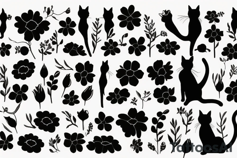 cat silhouette standing up whose lower half becomes a bunch of flowers tattoo idea