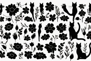cat silhouette standing up whose lower half becomes a bunch of flowers tattoo idea