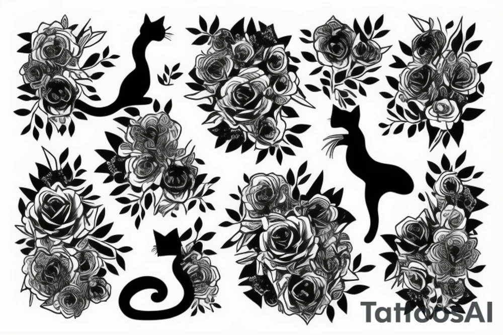 cat silhouette standing up whose lower half becomes a bunch of flowers tattoo idea