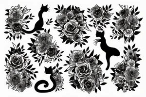 cat silhouette standing up whose lower half becomes a bunch of flowers tattoo idea