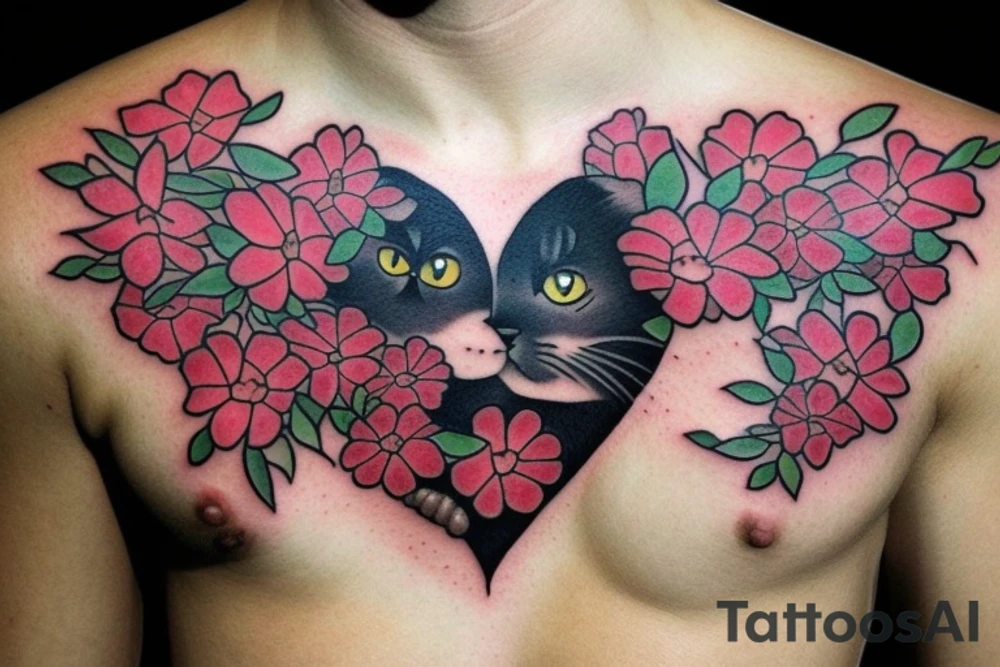 cat silhouette in a heart-shaped bunch of flowers tattoo idea
