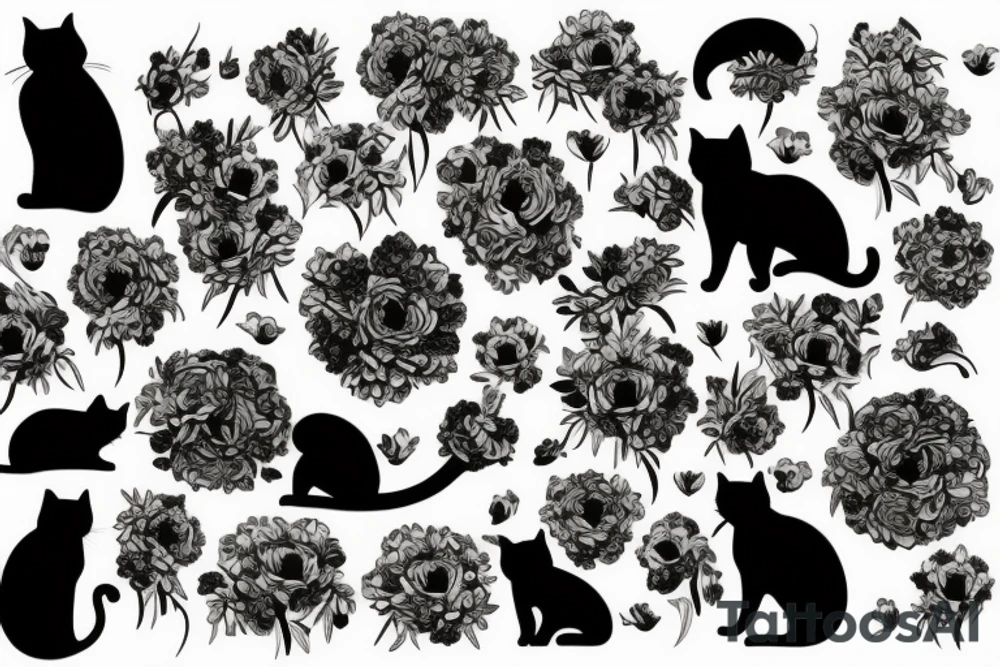 cat silhouette in a bunch of flowers tattoo idea