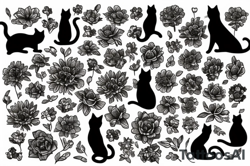cat silhouette in a bunch of flowers tattoo idea