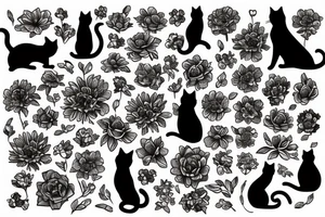 cat silhouette in a bunch of flowers tattoo idea