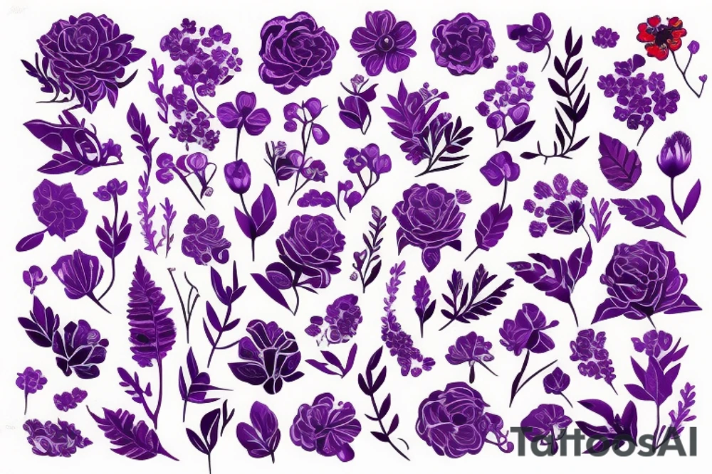 cat silhouette surrounded by flowers and plants in purple, red and blue tattoo idea