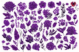 cat silhouette surrounded by flowers and plants in purple, red and blue tattoo idea