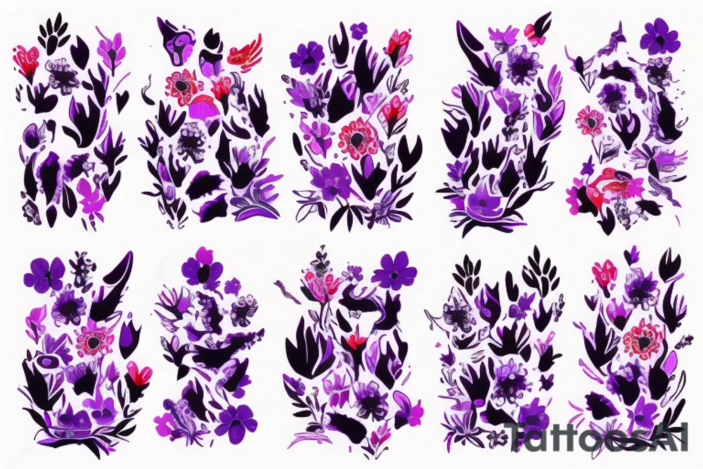 cat silhouette surrounded by flowers and plants in purple, red and blue tattoo idea