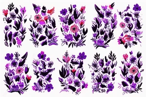 cat silhouette surrounded by flowers and plants in purple, red and blue tattoo idea