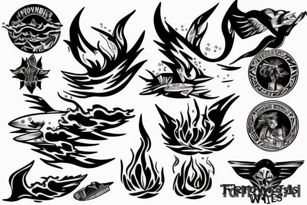 Water that turns into flames around an F-22 jet tattoo idea