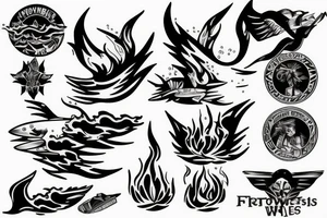 Water that turns into flames around an F-22 jet tattoo idea