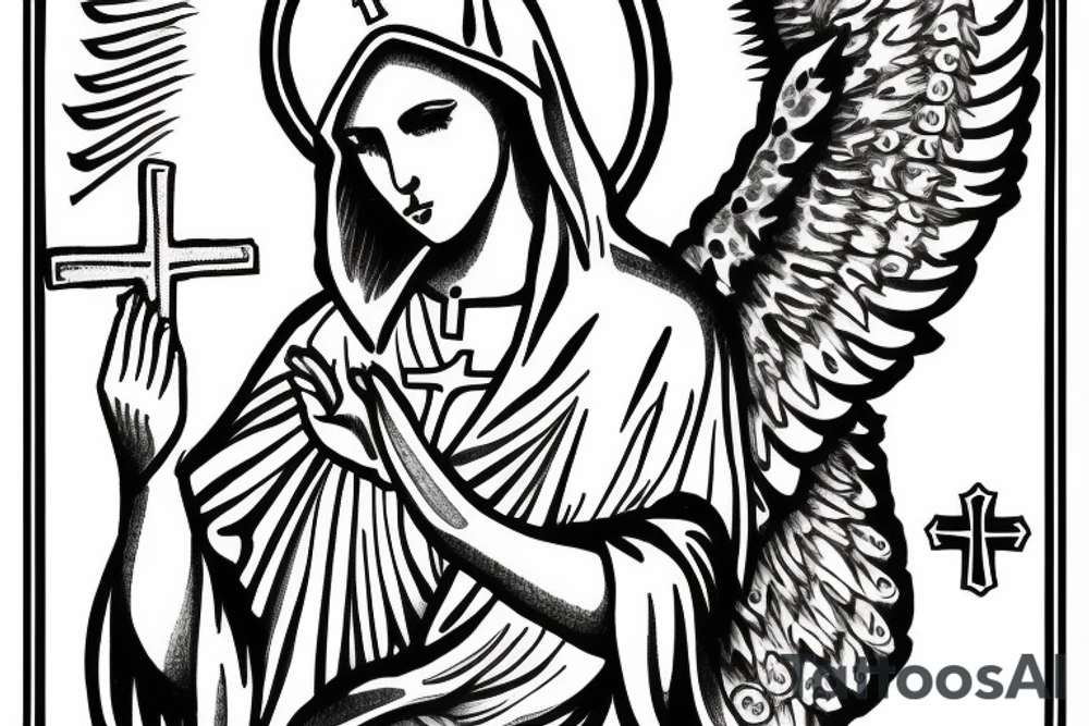 virgin mary with angel wings, cross of jesus on top with light flasing tattoo idea