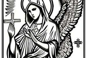virgin mary with angel wings, cross of jesus on top with light flasing tattoo idea