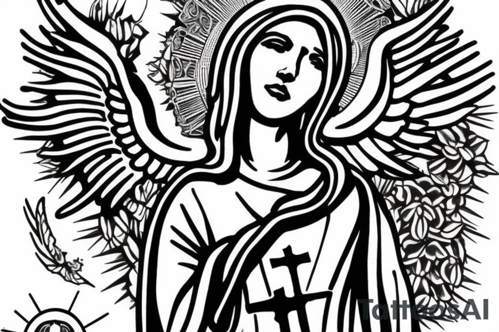 virgin mary with angel wings, cross of jesus on top with light flasing tattoo idea