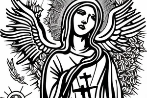 virgin mary with angel wings, cross of jesus on top with light flasing tattoo idea