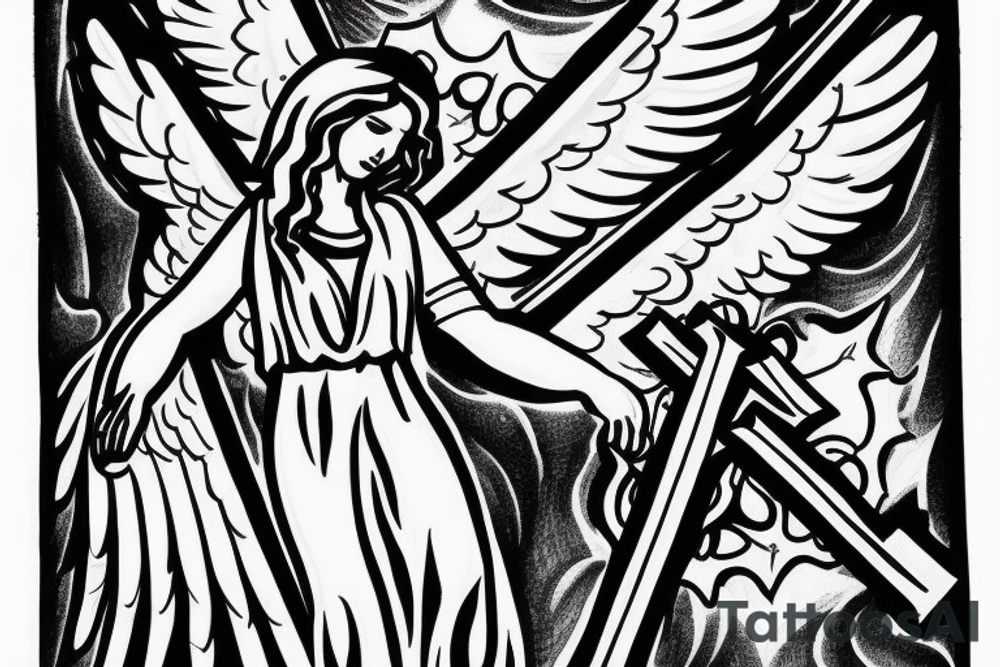 angel with wings, cross of jesus on top the angel surrounded by the wings.
lights come from behind the cross. tattoo idea