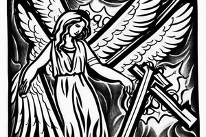 angel with wings, cross of jesus on top the angel surrounded by the wings.
lights come from behind the cross. tattoo idea