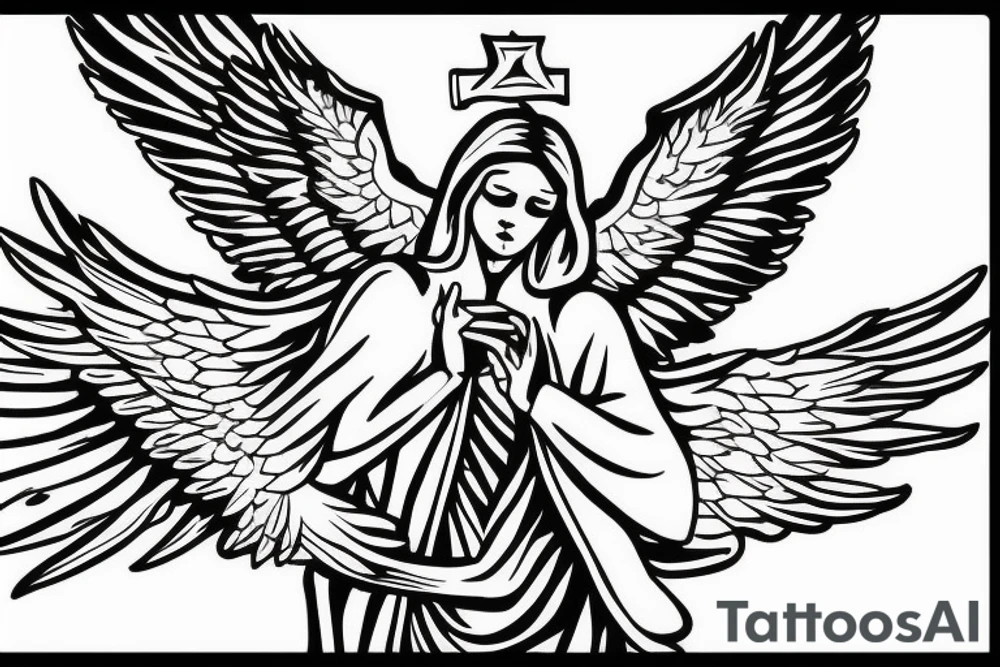 angel with wings, cross of jesus on top the angel surrounded by the wings.
lights come from behind the cross. tattoo idea