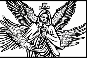 angel with wings, cross of jesus on top the angel surrounded by the wings.
lights come from behind the cross. tattoo idea