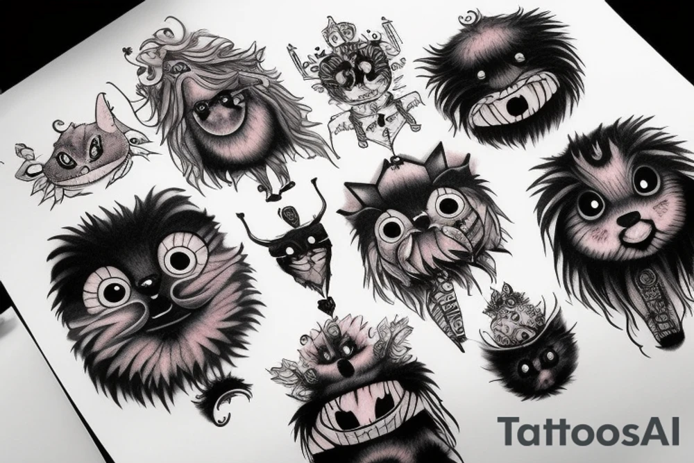 black round fluffy monster with kind eyes tattoo idea
