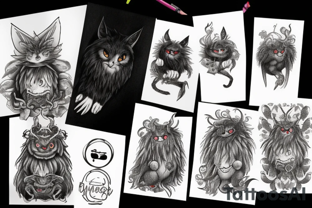 black round fluffy monster with kind eyes tattoo idea