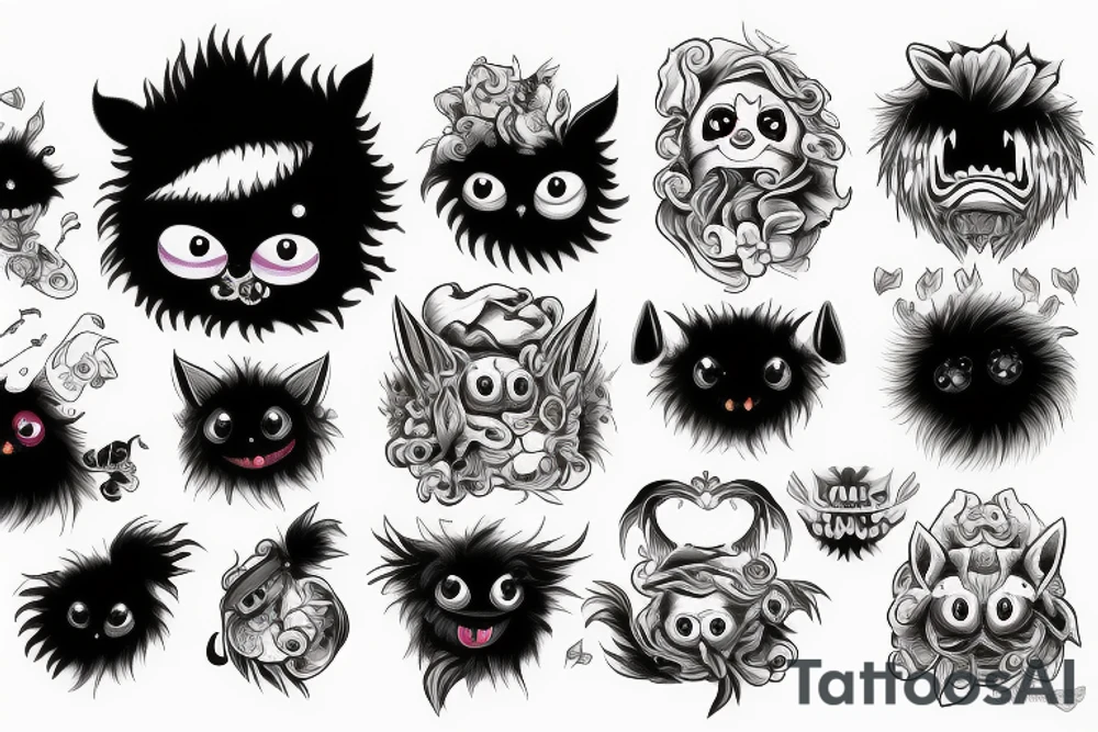 black round fluffy monster with kind eyes tattoo idea