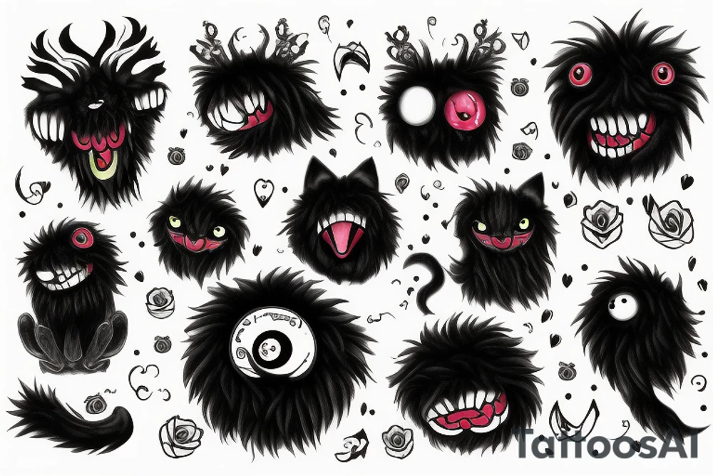 black round fluffy monster with kind eyes tattoo idea