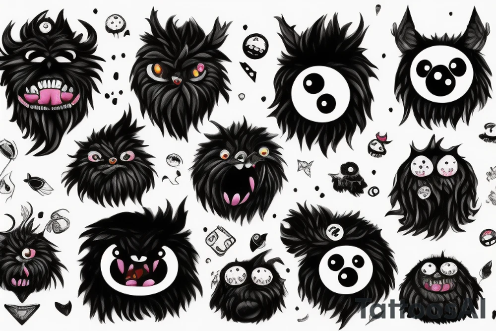black round fluffy monster with kind eyes tattoo idea