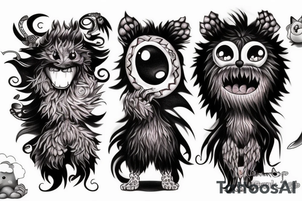 black round fluffy monster with kind eyes tattoo idea