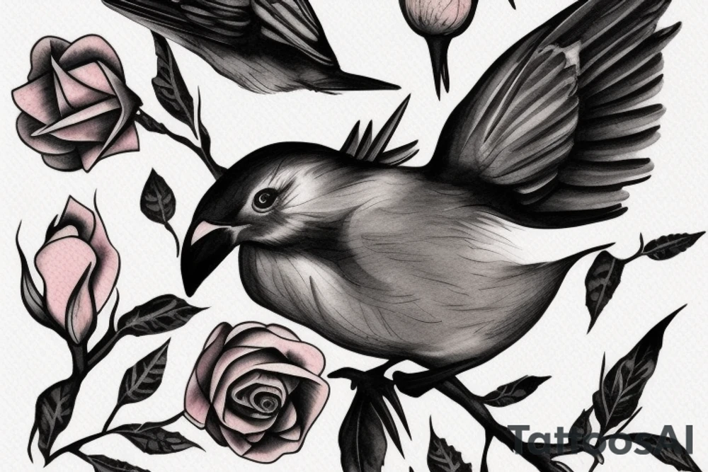 Flying robin holding a rose in it's beak tattoo idea