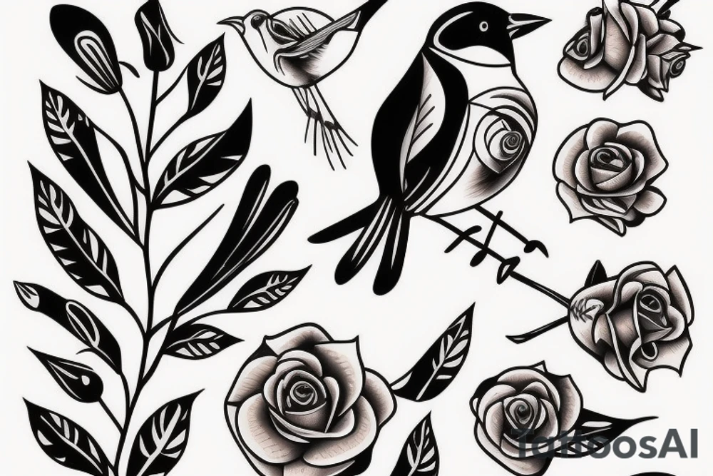 Flying robin holding a rose in it's beak tattoo idea