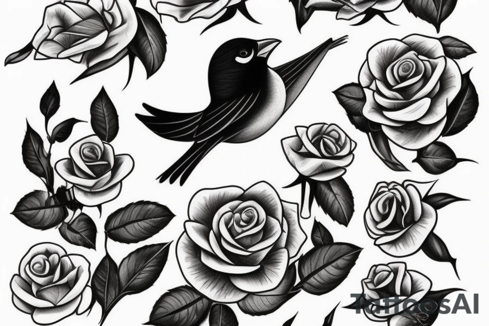 Flying robin holding a rose in it's beak tattoo idea