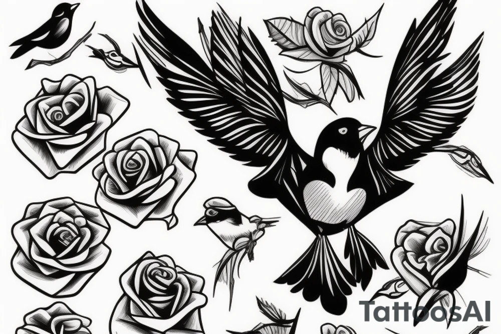 Flying robin holding a rose in it's beak tattoo idea